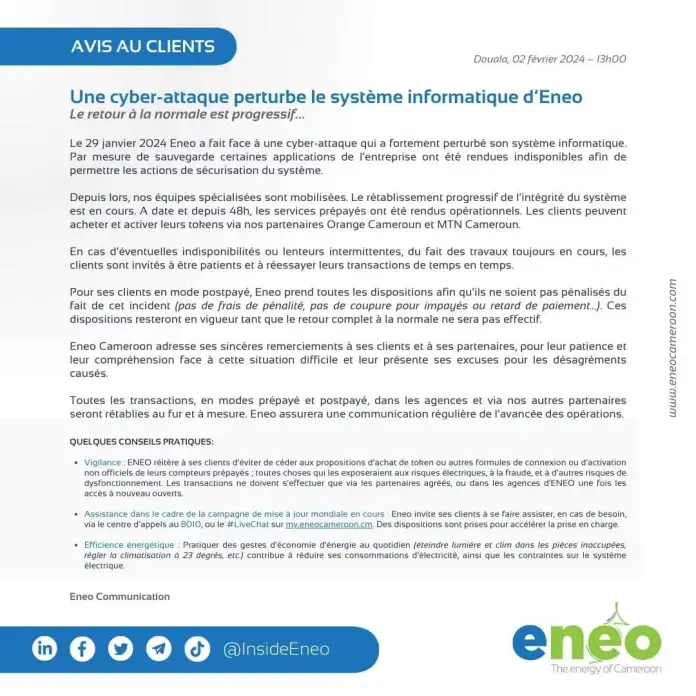 Perturbation dans le paiement des factures et l’achat des unités : Eneo affirme avoir été victime d’une cyberattaque