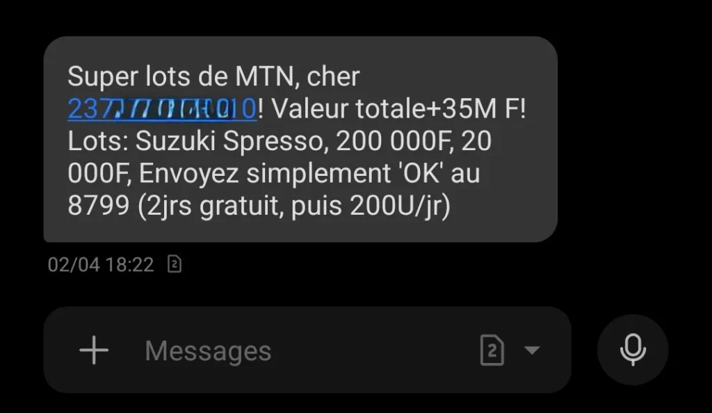Exemple de message MTN Cameroun et le8799