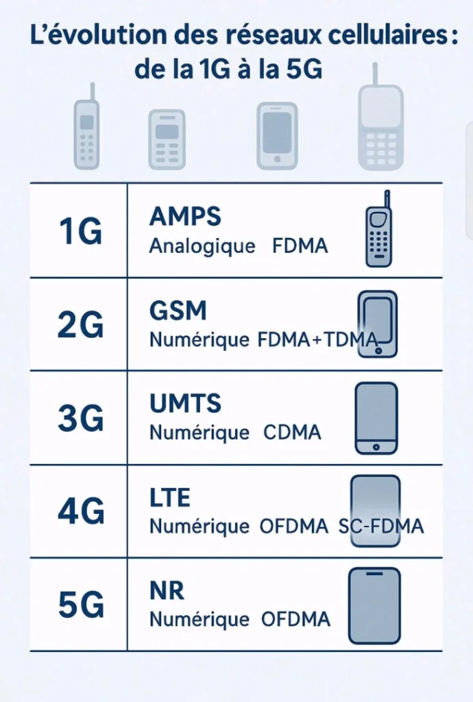L’évolution des réseaux cellulaires : de la 1G à la 5G, une révolution silencieuse mais radicale 62 De l’analogique balbutiant des années 1980 à l’ultra-connectivité de la 5G, la téléphonie mobile a connu en quatre décennies une transformation vertigineuse. Retour sur cette progression technologique qui a redéfini notre rapport au monde.