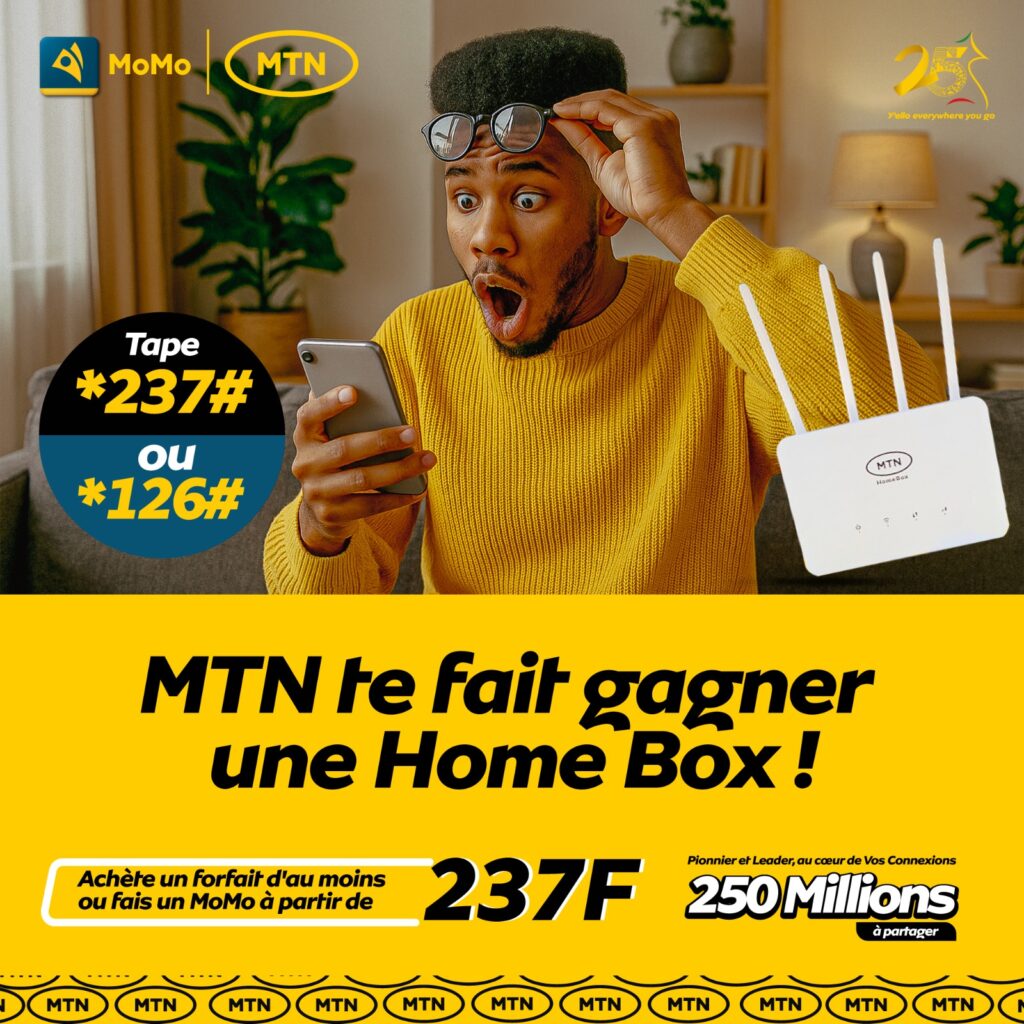 MTN Cameroun frappe fort : une Box Internet avec un mois d’accès illimité à 25 000 F 62 Découvrez l’offre MTN Cameroun : une box 4G LTE + 1 mois de connexion Internet illimitée pour 25 000 F CFA. Une solution pratique, rapide à installer et idéale pour les foyers ou PME en zone urbaine.
