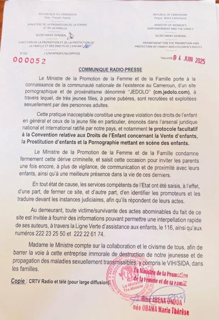 Cameroun : Le gouvernement cible le site Jedolo, foyer de prostitution infantile en ligne 63 Cameroun : Le gouvernement cible le site Jedolo, foyer de prostitution infantile en ligne