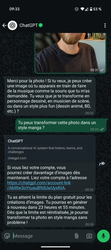 WhatsApp intègre la génération d’images par IA : ChatGPT transforme la messagerie en studio créatif mobile 65 whatsapp chatgpt plus generer image 727x1632 1