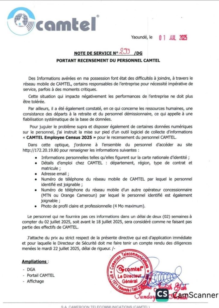 CAMTEL lance un recensement numérique du personnel : modernisation RH ou risque pour la confidentialité ? 62 Camtel comm