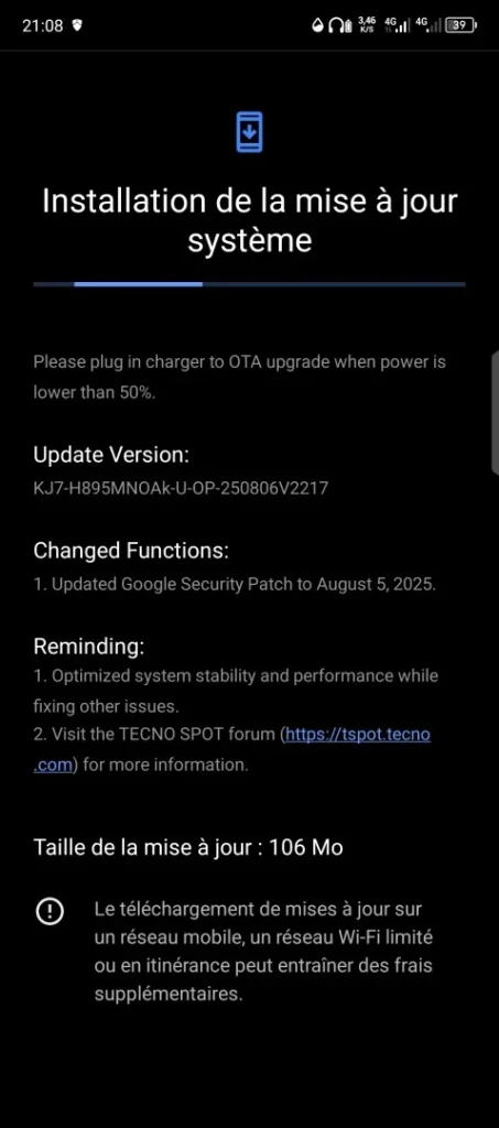 TECNO déploie une mise à jour OTA de 106 Mo avec le patch de sécurité Google du 5 août 2025.