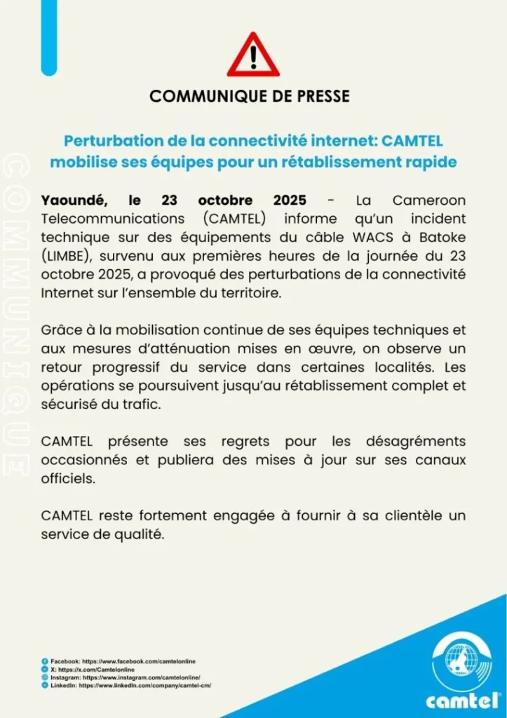 Cameroun : La “panne” Internet du câble WACS en pleine vague post-électorale, entre choc numérique, suspicion de censure et colère citoyenne 62 Alors que le Cameroun attendait les résultats de la présidentielle du 12 octobre, une panne massive d’Internet officiellement liée au câble WACS a plongé le pays dans le silence numérique. Entre perturbation technique et soupçons de censure, le doute s’installe.