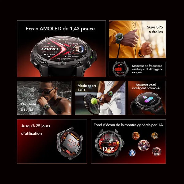 oraimo watch gt montre connectee gps amoled 3atm 143 avec deux bracelets interchangeables 9