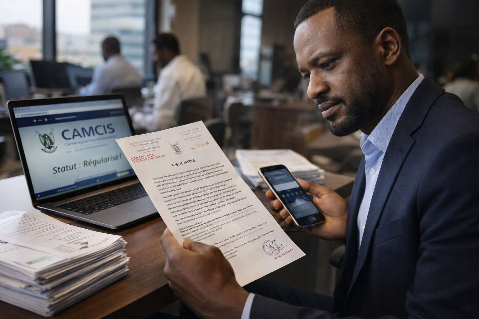 Un homme africain consulte un document officiel du ministère des Finances du Cameroun tout en tenant un smartphone, illustrant le lien entre dédouanement et accès au réseau mobile