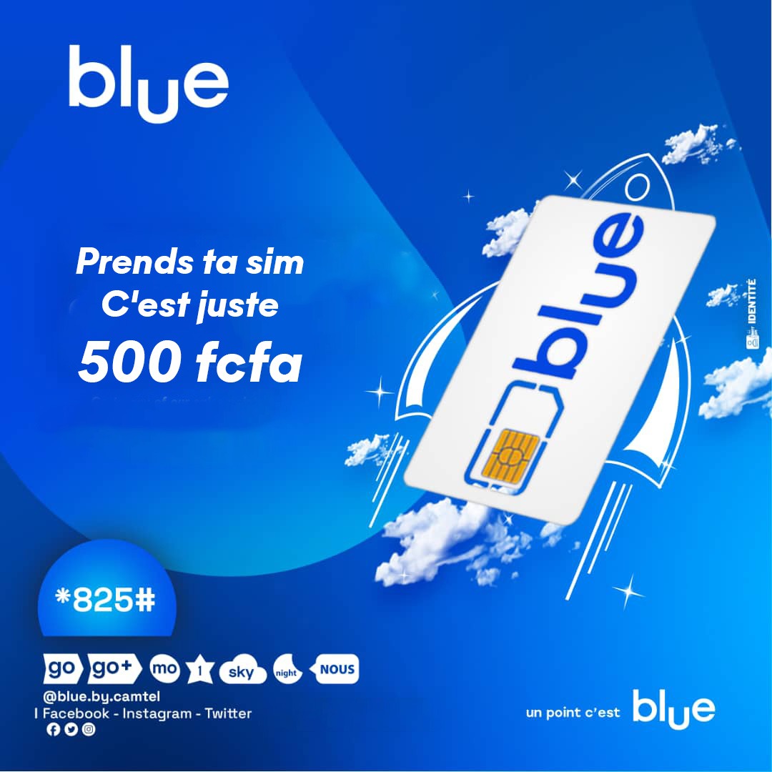 Carte SIM Blue de CAMTEL avec offre à 500 FCFA sur fond bleu avec éléments graphiques dynamiques