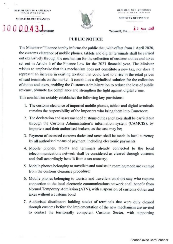 Avis officiel du ministère des Finances encadrant le dédouanement des smartphones au Cameroun