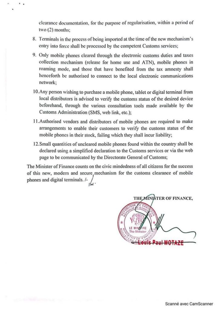 Avis officiel du ministère des Finances encadrant le dédouanement des smartphones au Cameroun