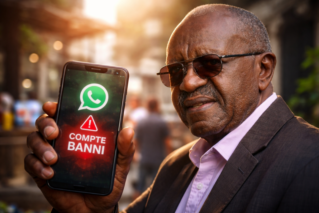 Le journaliste Jean Vincent Tchienehom observe avec inquiétude une notification WhatsApp sur son smartphone, dans une ambiance sombre avec des éléments visuels évoquant un réseau numérique.