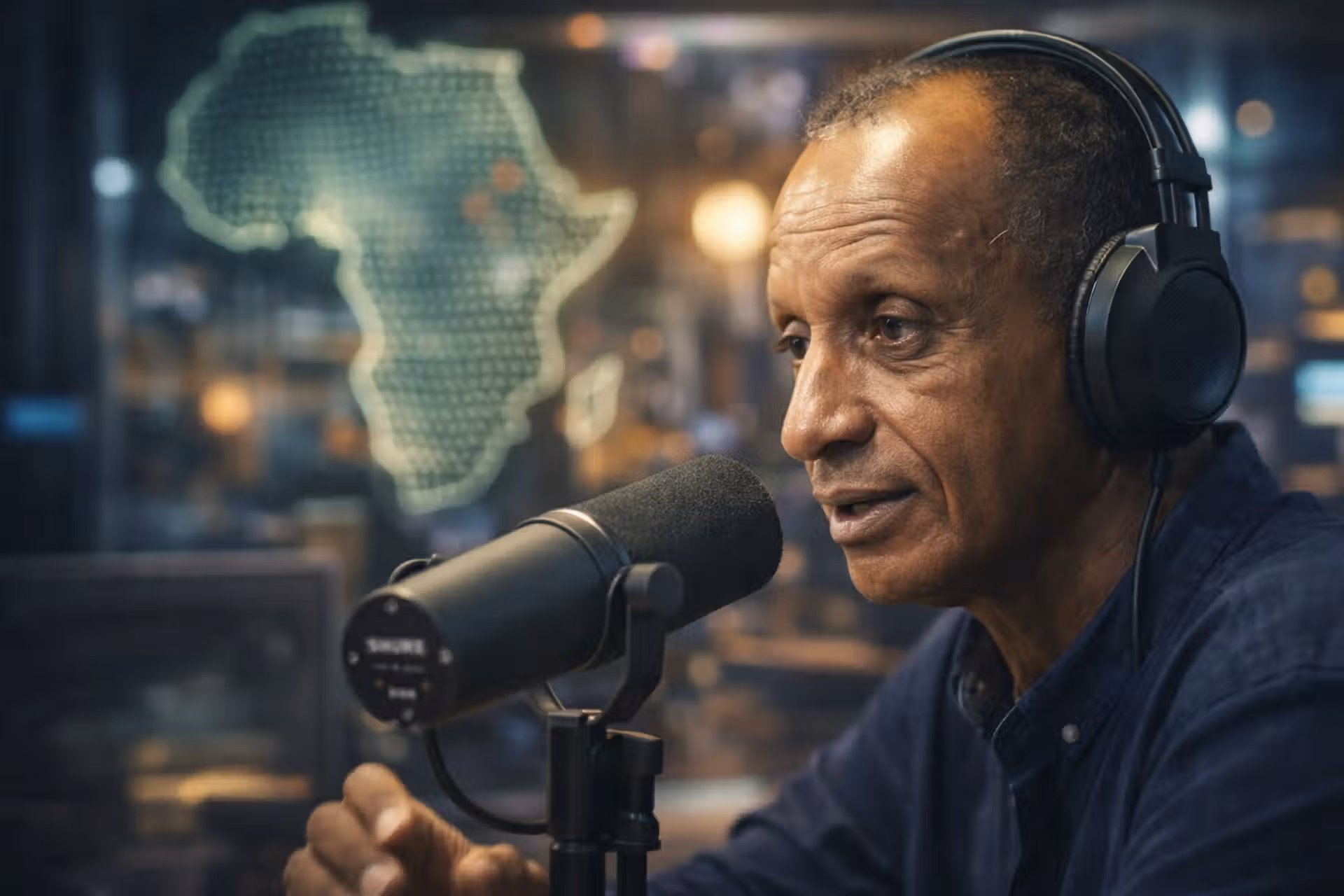 Patrick Nguema Ndong en studio radio avec casque et micro, pionnier du podcast narratif en Afrique