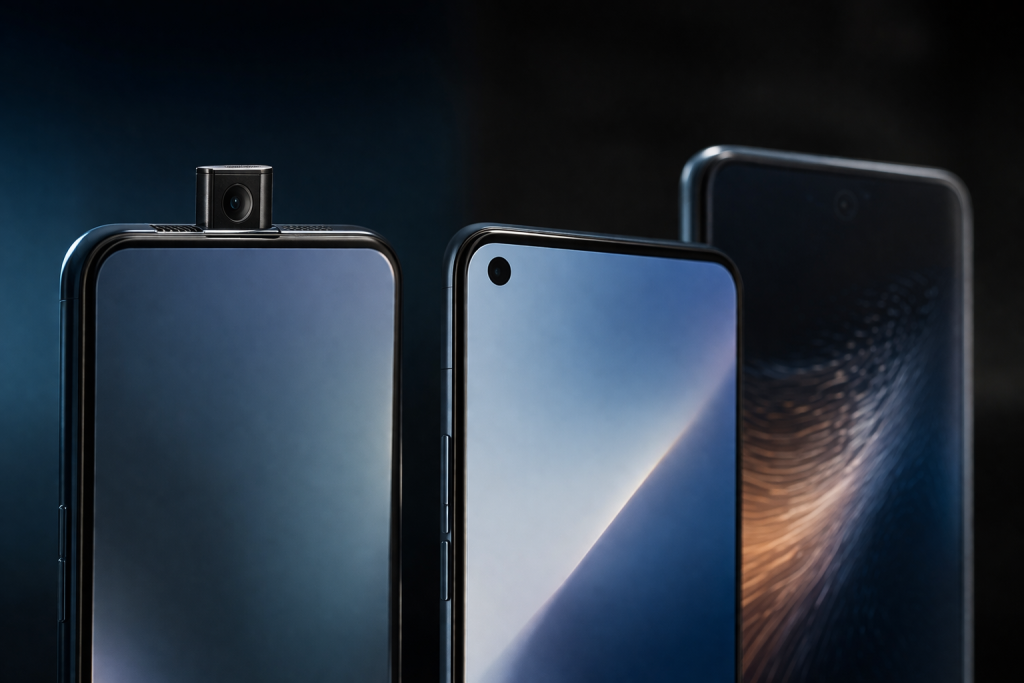 Comparaison entre smartphone avec caméra pop-up et smartphone à poinçon illustrant l’évolution du design tout écran