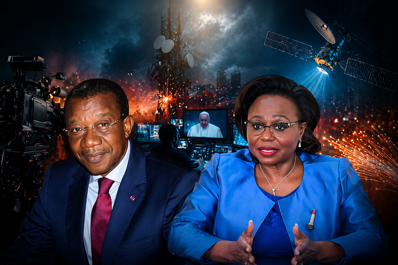 Portrait en mode cinématographique de Charles Ndongo et Judith Yah Sunday sur fond de régie TV, antenne télécom et satellite, illustrant une crise de diffusion en direct au Cameroun