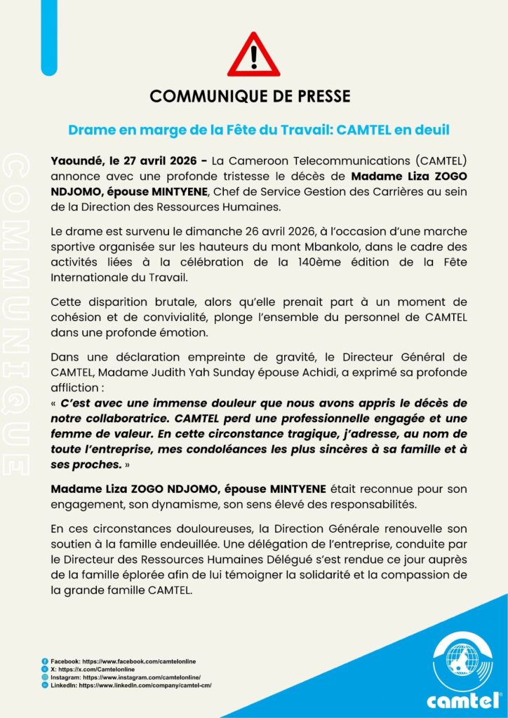 Affiche de communiqué de presse de CAMTEL annonçant le décès de Madame Liza Zogo Ndjomo, survenu lors d’une marche sportive à Mbankolo à la veille de la Fête du Travail 2026.
