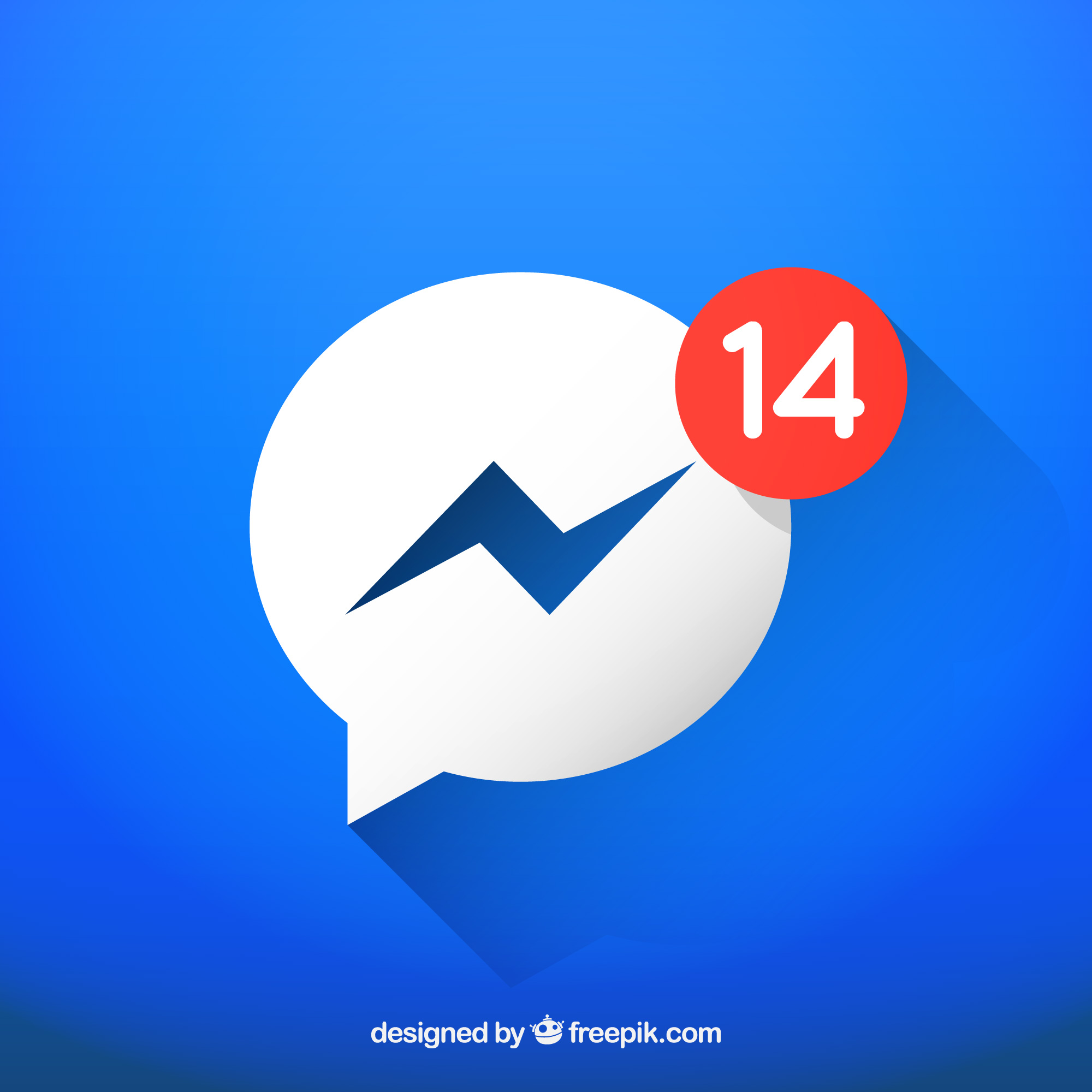 Icône de messagerie Messenger avec une bulle de notification rouge affichant le chiffre 14, sur un fond bleu éclatant.