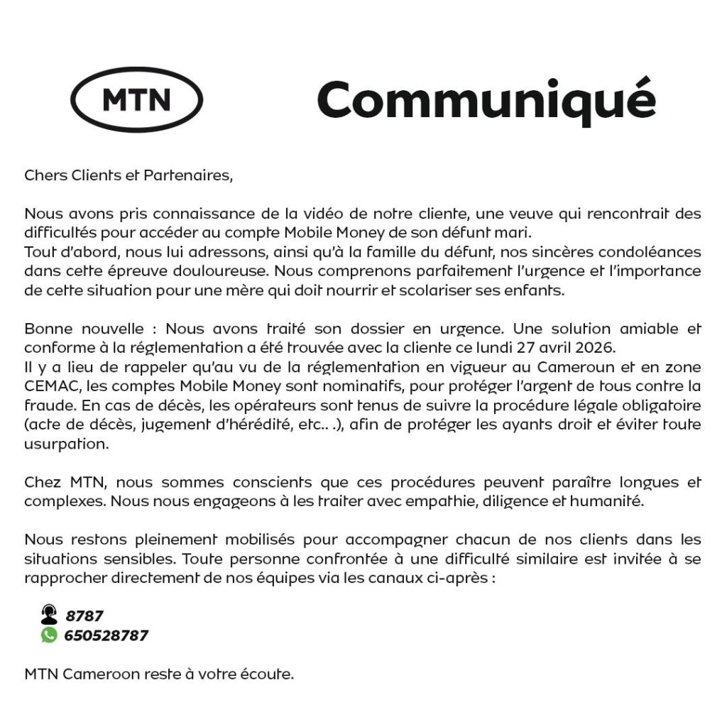 MTN Cameroon sort du silence : derrière le communiqué, les vérités d’une polémique Mobile Money sous haute tension 62 Document officiel "Information Notice" de MTN Cameroon concernant la résolution du cas d'accès au compte Mobile Money d'un client décédé, rappelant les procédures légales en zone CEMAC.