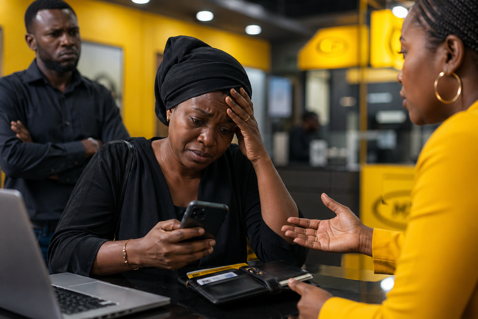Une femme en deuil, visiblement éprouvée, est assise à un comptoir d'agence MTN, tenant son téléphone, tandis qu'une conseillère clientèle lui explique les procédures de gestion de compte après décès.