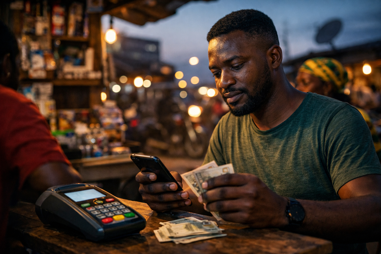 Commerçant africain utilisant le mobile money tout en manipulant de l’argent liquide dans un marché urbain