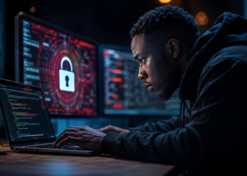 Administrateur web travaillant sur un ordinateur portable dans un environnement sombre, avec des écrans affichant des interfaces de cybersécurité et un symbole de verrouillage représentant une menace informatique.