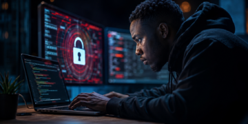 Administrateur web travaillant sur un ordinateur portable dans un environnement sombre, avec des écrans affichant des interfaces de cybersécurité et un symbole de verrouillage représentant une menace informatique.