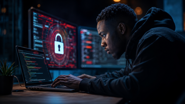 Administrateur web travaillant sur un ordinateur portable dans un environnement sombre, avec des écrans affichant des interfaces de cybersécurité et un symbole de verrouillage représentant une menace informatique.