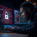 Administrateur web travaillant sur un ordinateur portable dans un environnement sombre, avec des écrans affichant des interfaces de cybersécurité et un symbole de verrouillage représentant une menace informatique.