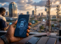 Téléphones non dédouanés : comment le Cameroun déploie son système de filtrage IMEI et place près de 700 000 appareils sous surveillance 71 Un smartphone tenu par une main africaine au premier plan, avec des antennes de télécommunications et un paysage urbain moderne en arrière-plan, illustrant le contrôle et la vérification des téléphones mobiles via le système IMEI au Cameroun.