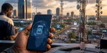 Téléphones non dédouanés : comment le Cameroun déploie son système de filtrage IMEI et place près de 700 000 appareils sous surveillance 1 Un smartphone tenu par une main africaine au premier plan, avec des antennes de télécommunications et un paysage urbain moderne en arrière-plan, illustrant le contrôle et la vérification des téléphones mobiles via le système IMEI au Cameroun.