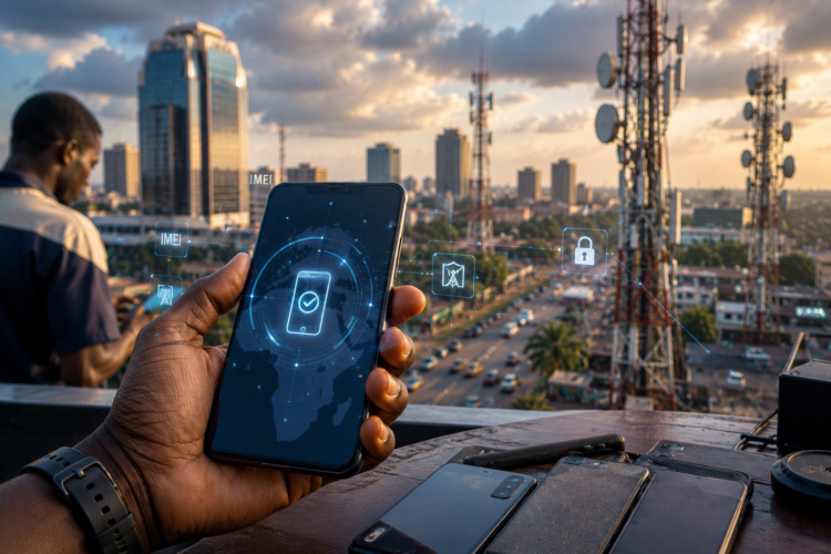 Un smartphone tenu par une main africaine au premier plan, avec des antennes de télécommunications et un paysage urbain moderne en arrière-plan, illustrant le contrôle et la vérification des téléphones mobiles via le système IMEI au Cameroun.
