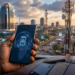 Un smartphone tenu par une main africaine au premier plan, avec des antennes de télécommunications et un paysage urbain moderne en arrière-plan, illustrant le contrôle et la vérification des téléphones mobiles via le système IMEI au Cameroun.