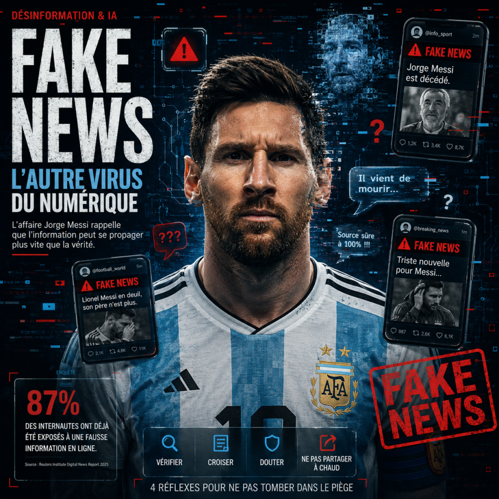 Illustration éditoriale représentant Lionel Messi entouré de fausses publications sur smartphone et d'éléments numériques évoquant la désinformation, les réseaux sociaux et l'intelligence artificielle.