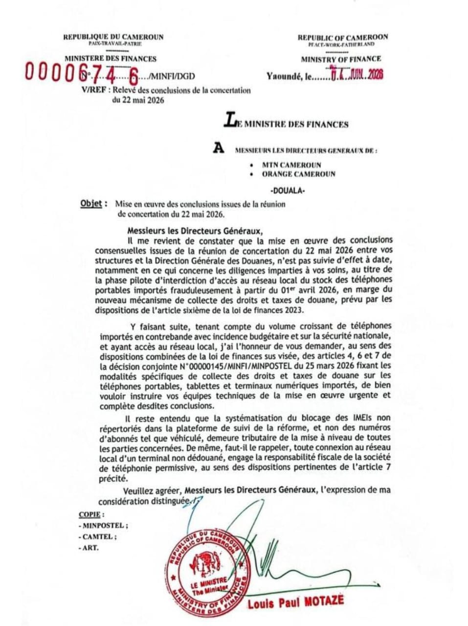 Courrier officiel du ministère camerounais des Finances adressé à MTN Cameroun et Orange Cameroun au sujet de la mise en œuvre des mesures de contrôle des IMEI et du blocage des terminaux non dédouanés.