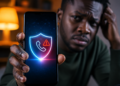 Un utilisateur africain consulte une alerte de sécurité sur son smartphone Android, illustrant la fonctionnalité Fake Call Detection conçue pour détecter les appels frauduleux et les usurpations d'identité.