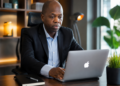 Portrait réaliste de Jonathan Chafeh, PDG de GLOTELHO, travaillant sur un ordinateur portable dans un bureau moderne, symbole de l'innovation et de l'entrepreneuriat numérique au Cameroun.