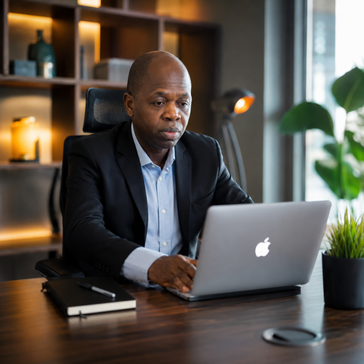 Portrait réaliste de Jonathan Chafeh, PDG de GLOTELHO, travaillant sur un ordinateur portable dans un bureau moderne, symbole de l'innovation et de l'entrepreneuriat numérique au Cameroun.