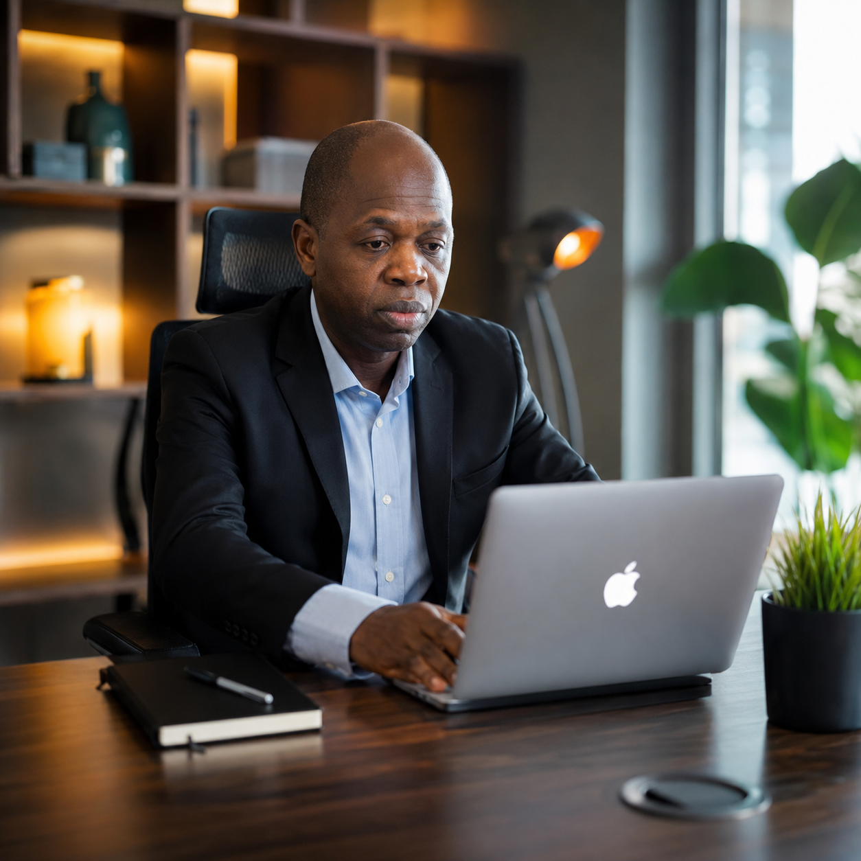 Portrait réaliste de Jonathan Chafeh, PDG de GLOTELHO, travaillant sur un ordinateur portable dans un bureau moderne, symbole de l'innovation et de l'entrepreneuriat numérique au Cameroun.