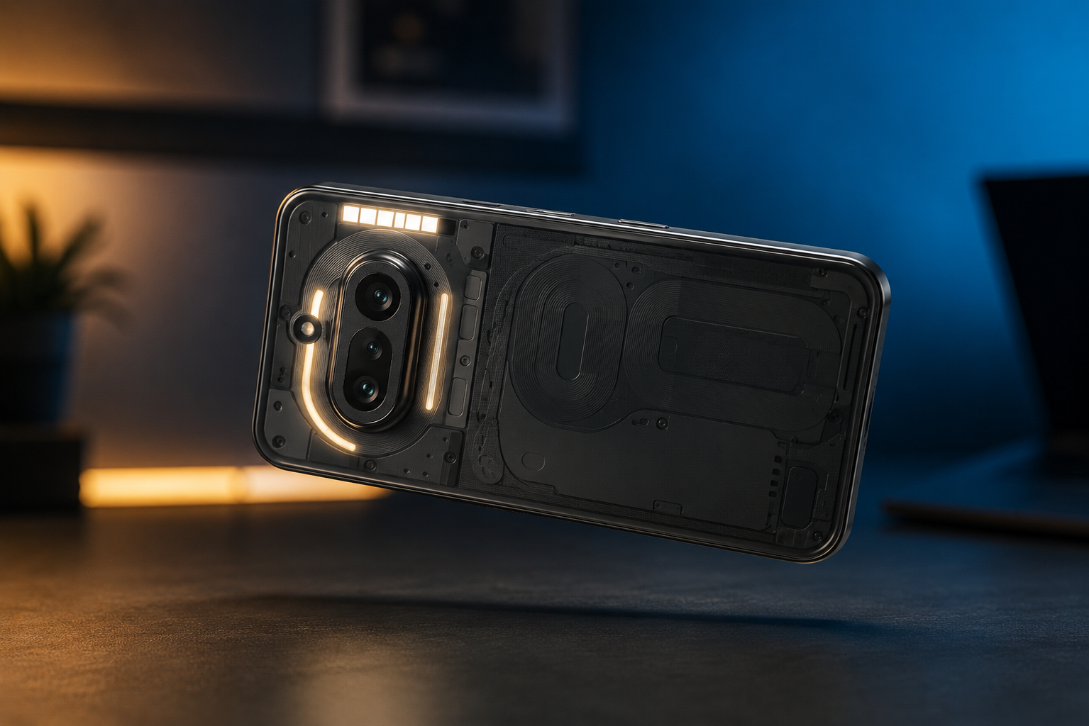 Nothing Phone (4a) : à 449,95 €, ce smartphone Android haut de milieu de gamme pourrait être l'un des meilleurs achats de 2026 62 Nothing Phone (4a) noir flottant au-dessus d'un bureau moderne avec design transparent, interface Glyph lumineuse et éclairage studio cinématique.