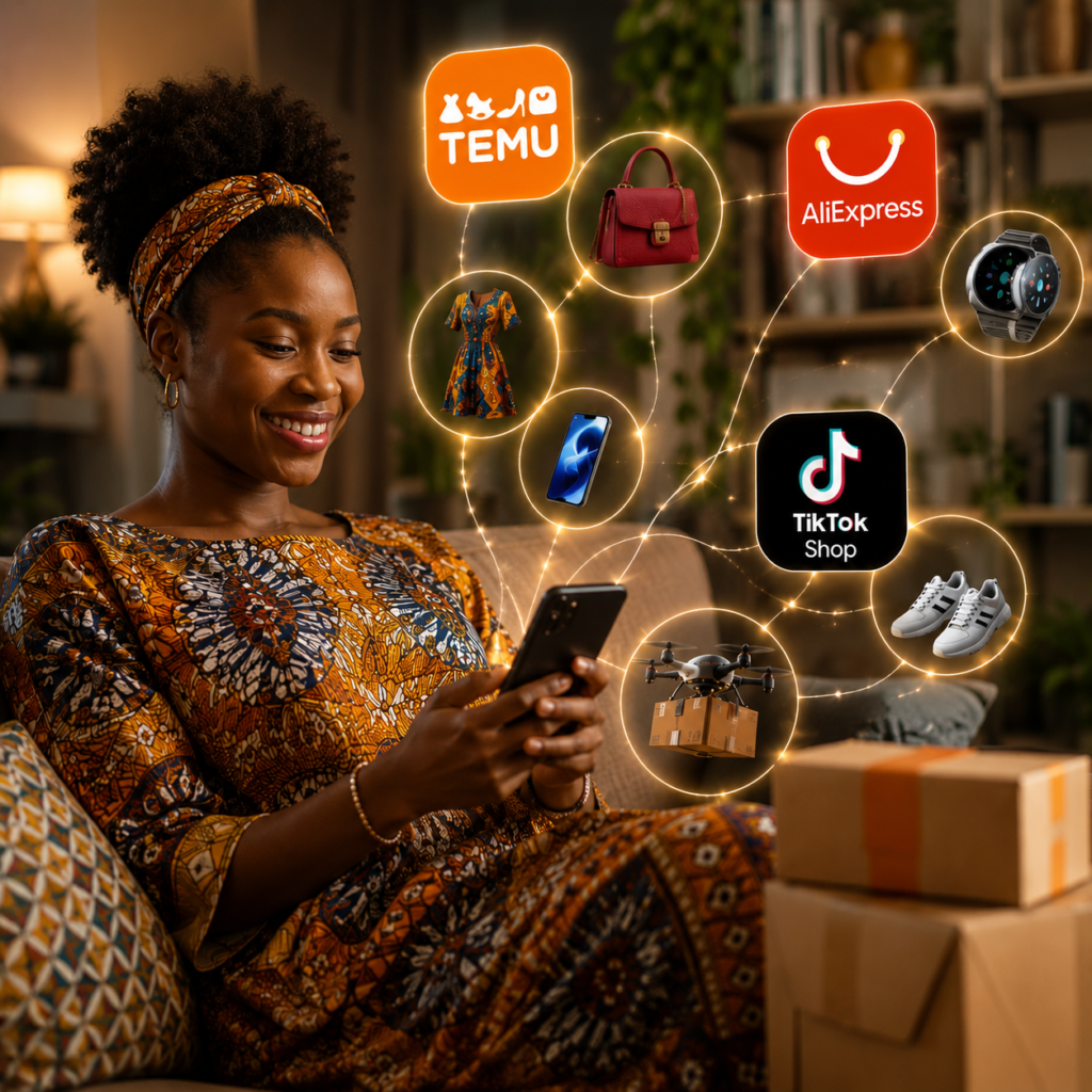Une jeune femme africaine utilise son smartphone depuis son salon, entourée des logos de Temu, AliExpress et TikTok Shop ainsi que de différents produits et symboles du commerce en ligne.
