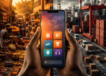 Des mains africaines tiennent un smartphone au centre d'une scène opposant un marché traditionnel africain à une zone logistique industrielle moderne, illustrant les transformations du commerce numérique.