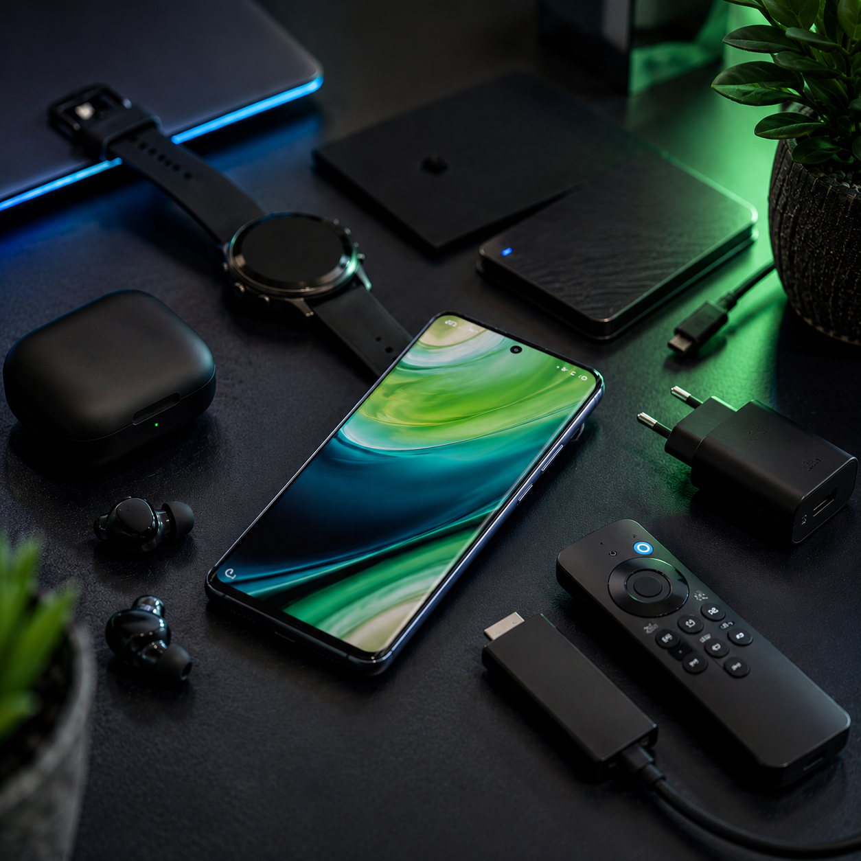 Smartphone Android moderne posé sur un bureau high-tech sombre aux côtés d'écouteurs sans fil, d'une montre connectée, d'un SSD externe, d'un chargeur USB-C et d'un Fire TV Stick, dans une ambiance lumineuse verte et bleue.