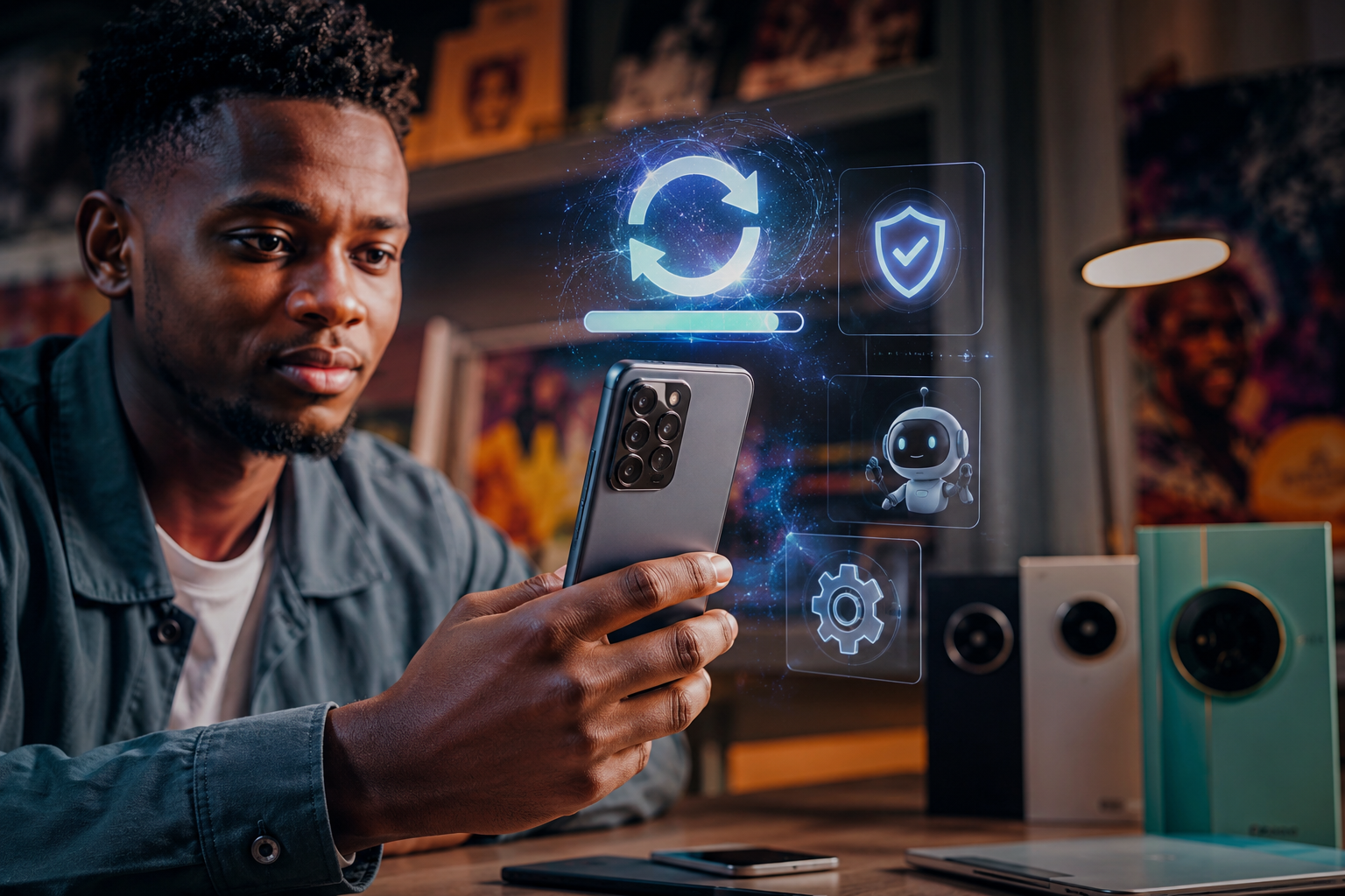 Android 17 : comment les smartphones chinois sont en train de changer le rapport de force des mises à jour 62 Jeune homme africain consultant un smartphone dans un environnement technologique moderne, entouré d'éléments visuels symbolisant les mises à jour Android, la sécurité et l'intelligence artificielle.