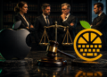 Illustration représentant un conflit juridique entre Apple et une entreprise de claviers mécaniques utilisant un logo en forme d'orange, avec un marteau de justice et une balance symbolisant un litige de propriété intellectuelle dans le secteur technologique.