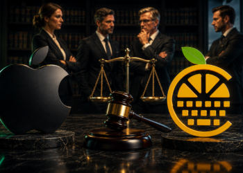 Illustration représentant un conflit juridique entre Apple et une entreprise de claviers mécaniques utilisant un logo en forme d'orange, avec un marteau de justice et une balance symbolisant un litige de propriété intellectuelle dans le secteur technologique.
