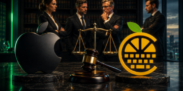 Illustration représentant un conflit juridique entre Apple et une entreprise de claviers mécaniques utilisant un logo en forme d'orange, avec un marteau de justice et une balance symbolisant un litige de propriété intellectuelle dans le secteur technologique.