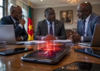 Illustration d'un smartphone affichant une alerte de surveillance au premier plan, tandis que des responsables télécoms et gouvernementaux discutent lors d'une réunion sur le blocage des téléphones non dédouanés au Cameroun.