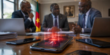 Illustration d'un smartphone affichant une alerte de surveillance au premier plan, tandis que des responsables télécoms et gouvernementaux discutent lors d'une réunion sur le blocage des téléphones non dédouanés au Cameroun.