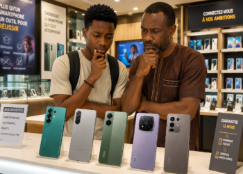 Un parent et son enfant dans une boutique de téléphonie mobile examinent cinq smartphones Android exposés sur un comptoir, parmi lesquels le TECNO Camon 50 Pro, le Samsung Galaxy A56 5G, le POCO X7 Pro, le Redmi Note 14 Pro+ 5G et l'Infinix Note 50 Pro.