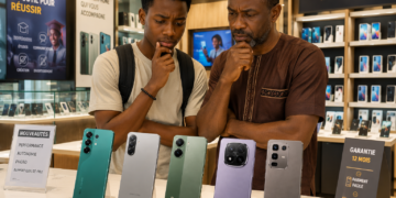 Un parent et son enfant dans une boutique de téléphonie mobile examinent cinq smartphones Android exposés sur un comptoir, parmi lesquels le TECNO Camon 50 Pro, le Samsung Galaxy A56 5G, le POCO X7 Pro, le Redmi Note 14 Pro+ 5G et l'Infinix Note 50 Pro.