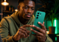Utilisateur africain consultant un smartphone TECNO CAMON 50 dans une ambiance high-tech moderne inspirée d'Android 17.